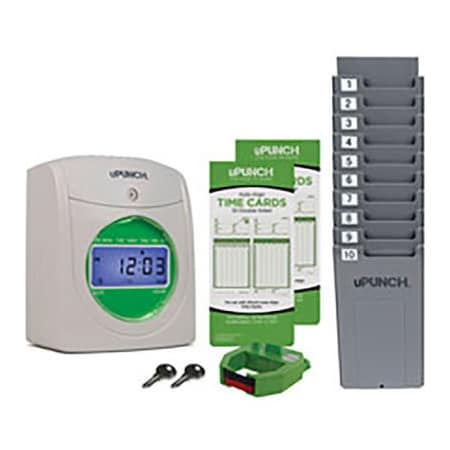 Acroprint uPunch Electronic Time Clock w/ 100 Time Cards, 2 Keys, 1 Ribbon & 1 Rack, White & Green HN1500